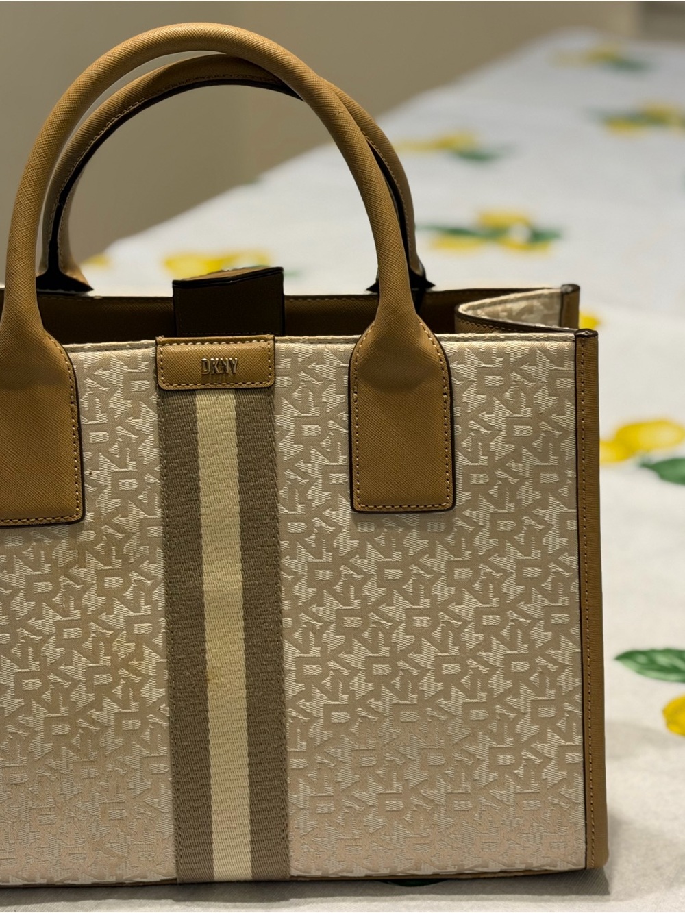DKNY Cream & Tan Logo Stripe Canvas Tote
